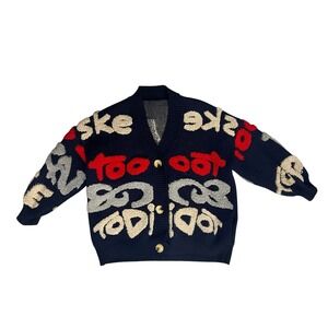 Navy Blue Graphic Knit Cardigan Sweater Ask Me Too Rare To Die Streetwear L